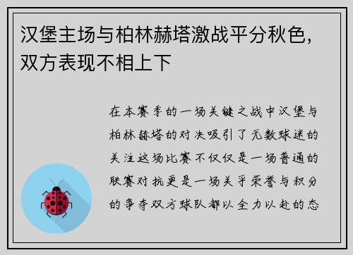 汉堡主场与柏林赫塔激战平分秋色，双方表现不相上下