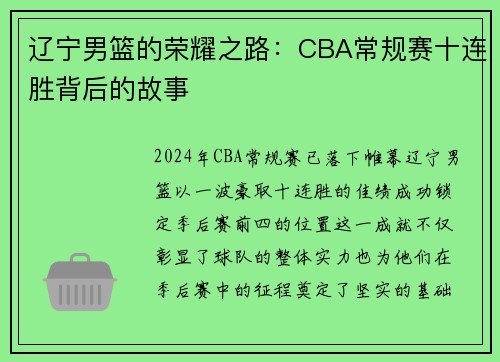 辽宁男篮的荣耀之路：CBA常规赛十连胜背后的故事